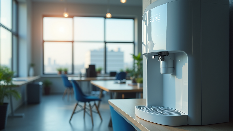 Eye-level view of a modern pure water dispenser in an office setting