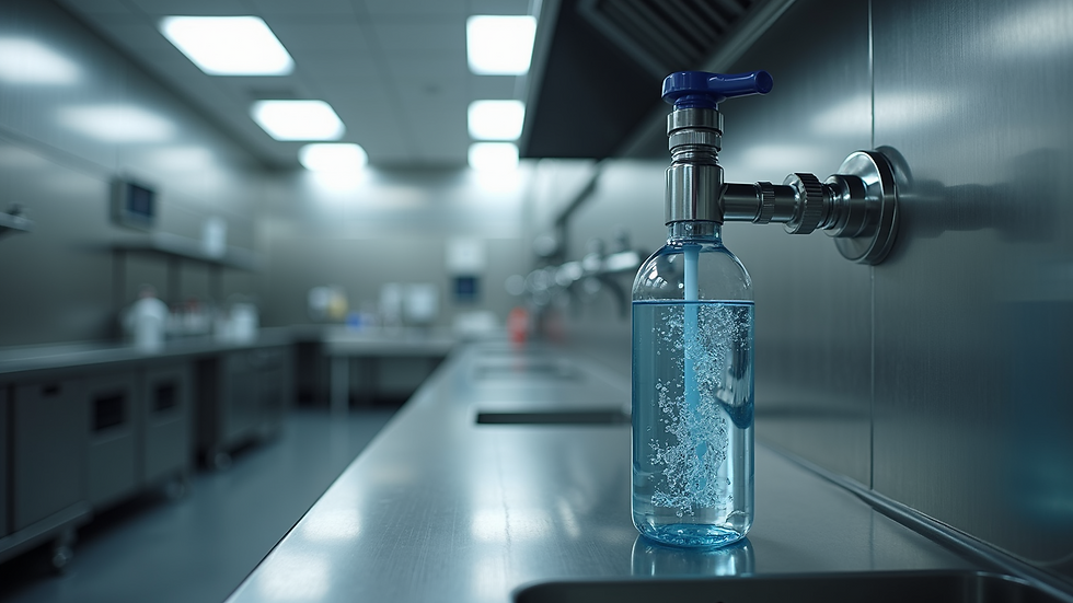Eye-level view of a clean water filtration system installed in a commercial kitchen