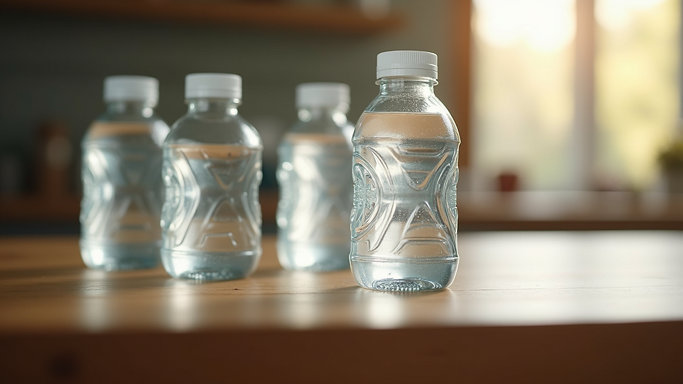 High angle view of reusable water bottles lined up on a wooden table