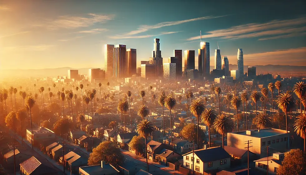 City skyline with tall buildings and palm trees at sunrise. Warm, golden light casts a peaceful glow over suburban houses and streets.