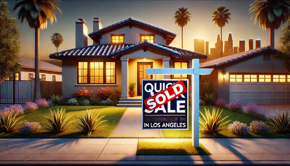 House at sunset with palm trees and city skyline in background. "Quick Sale" sign with "SOLD" sticker in front yard. Warm lighting.