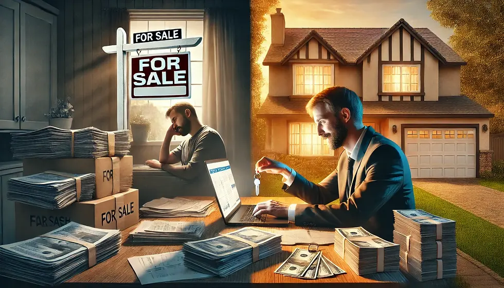 Two men work with paperwork by a "For Sale" sign. One looks stressed, the other holds keys, smiling. A house is visible in the background.