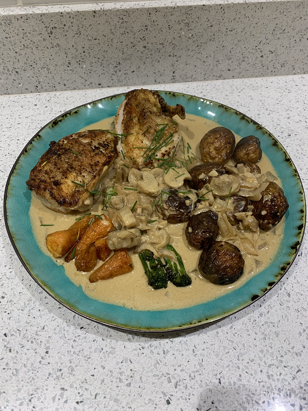 French-trimmed chicken breast with mushroom sauce