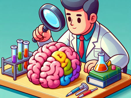 Cartoon scientist studies a colorful brain with a magnifying glass at a lab desk, with test tubes, flask, and books.