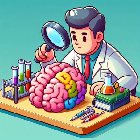 Cartoon scientist studies a colorful brain with a magnifying glass at a lab desk, with test tubes, flask, and books.