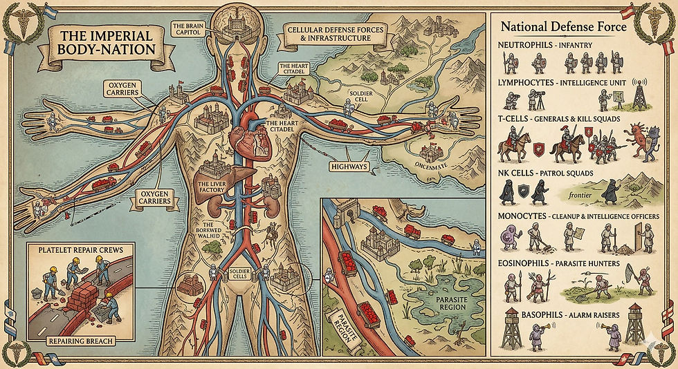 Illustrated body-nation map with organ cities and blood highways. Right: Defense forces like T-cells, NK cells. Inset: Platelets repair roads.