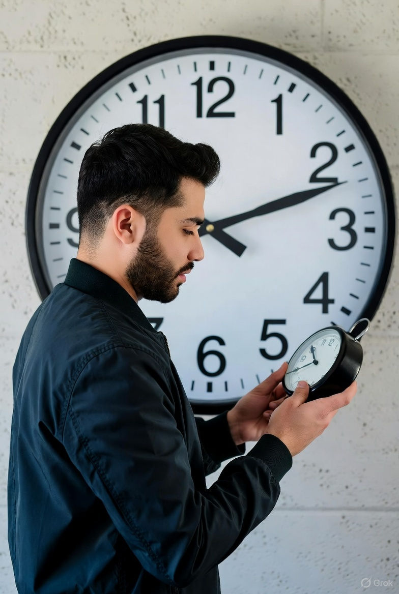 A man holding a small clock while there is another big clock