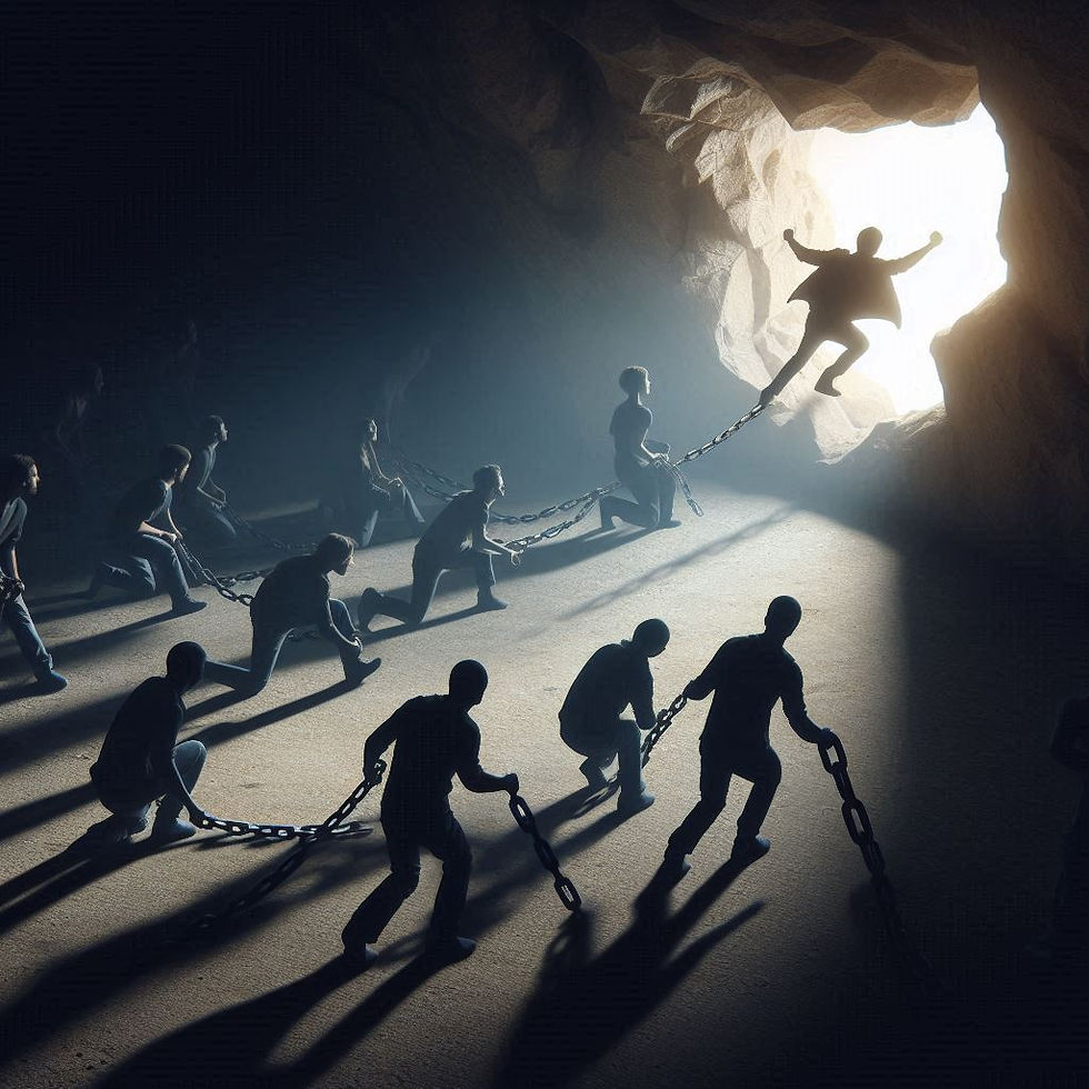 A cave with chained prisoners