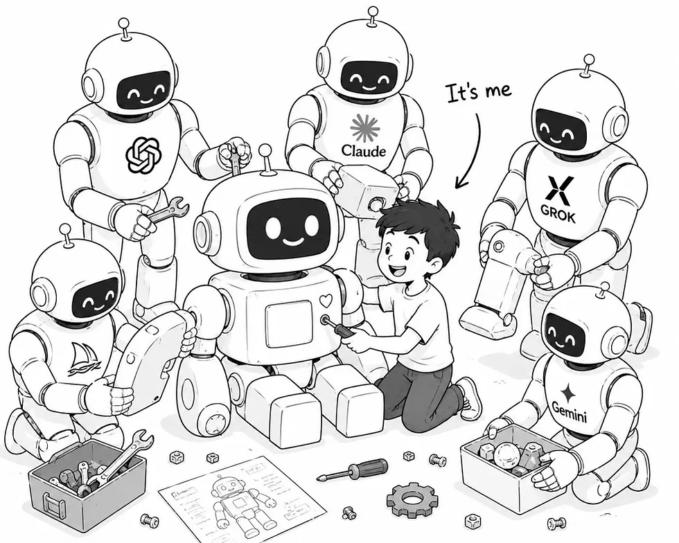 Boy kneels repairing a robot while smiling robots labeled OpenAI, Claude, Grok, and Gemini watch in a workshop.