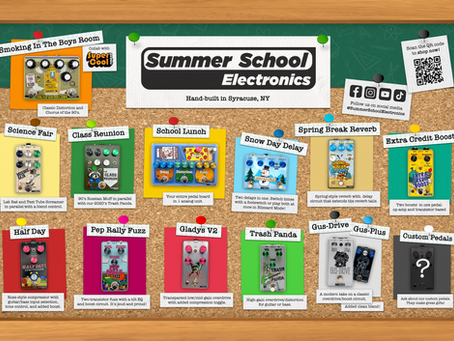 Colourful photos of Summer School Electronics guitar effect pedals pinned to a cork bulletin board.