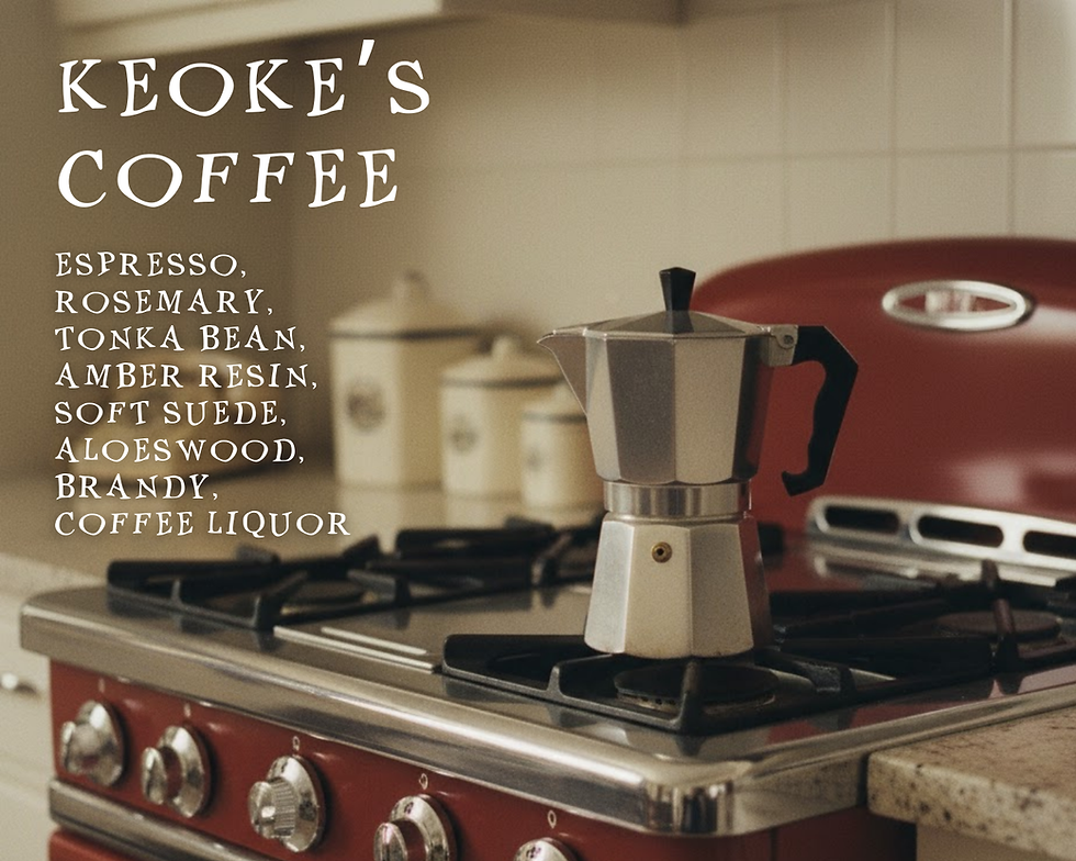 Thumbnail: Des Cieux Keoke’s Coffee perfume graphic featuring a vintage stovetop espresso maker in a warm kitchen setting, highlighting