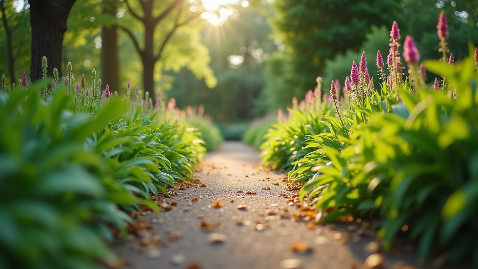 Eye-level view of a tranquil garden path surrounded by vibrant greenery