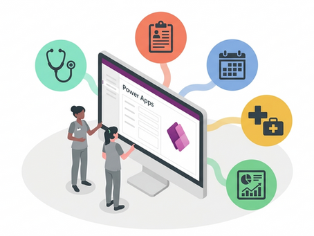 Two healthcare workers use a Power Apps screen with medical icons for stethoscope, clipboard, calendar, clinic, and analytics.
