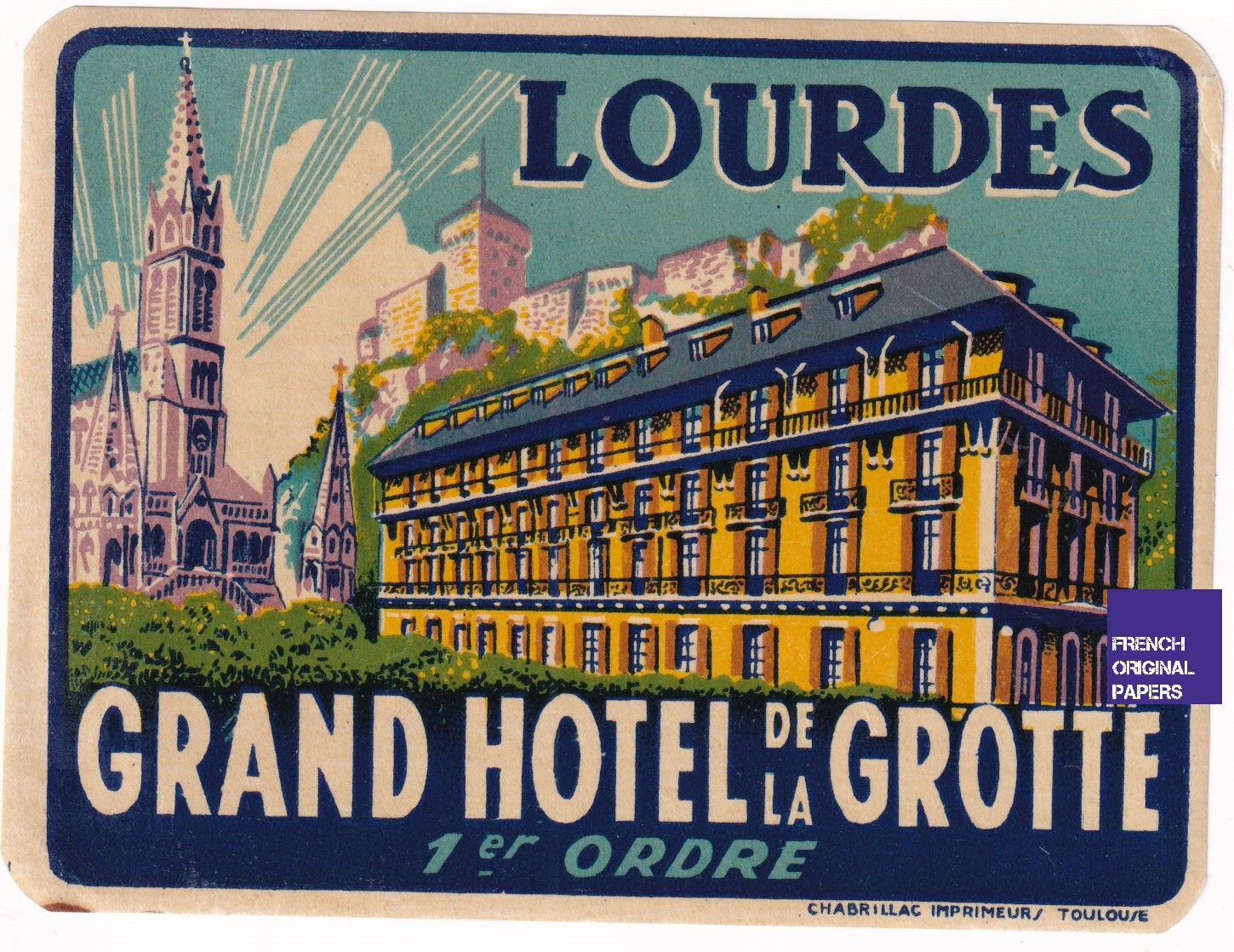Grand Hôtel de la Grotte Lourdes -Vintage Luggage Label 1940 étiquette de bagage