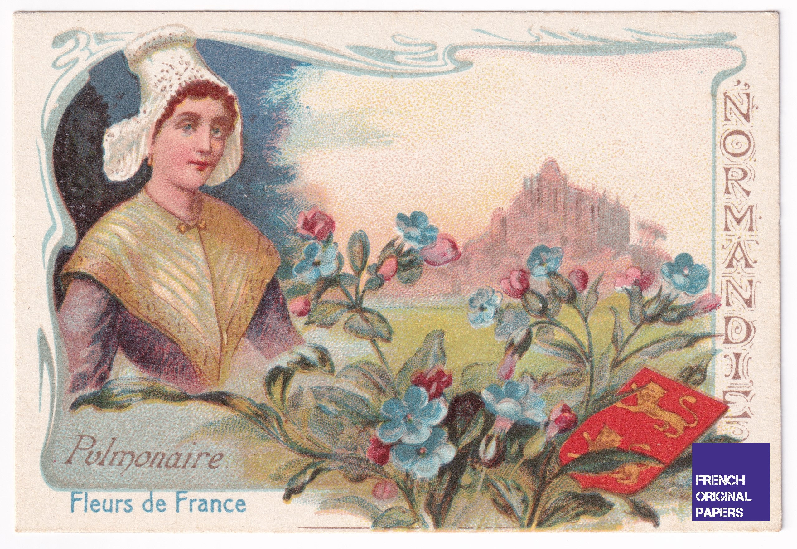 Flower woman Victorian Trade card 1910 Normandy Lung Blue Pulmonaire Normandie