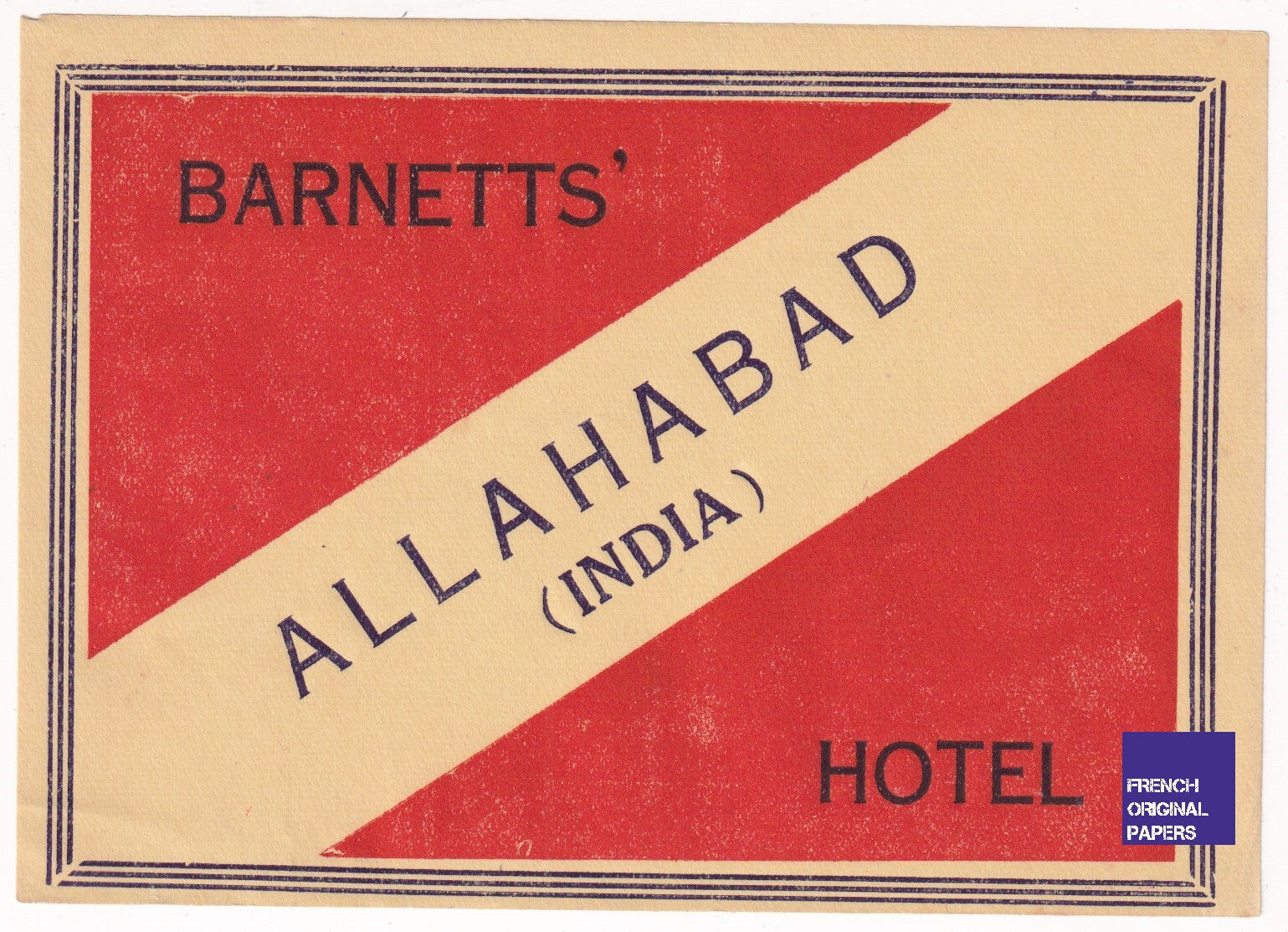 Barnetts' Allahabad Hotel - Vintage Luggage Label 1950 India Inde étiquette old
