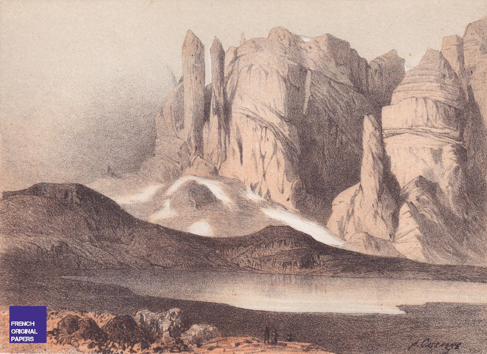 Lac d'Anterne Fiz LITHOGRAPHIE 1860 18x13CM Gabriel Loppé Passy Chamonix Servoz