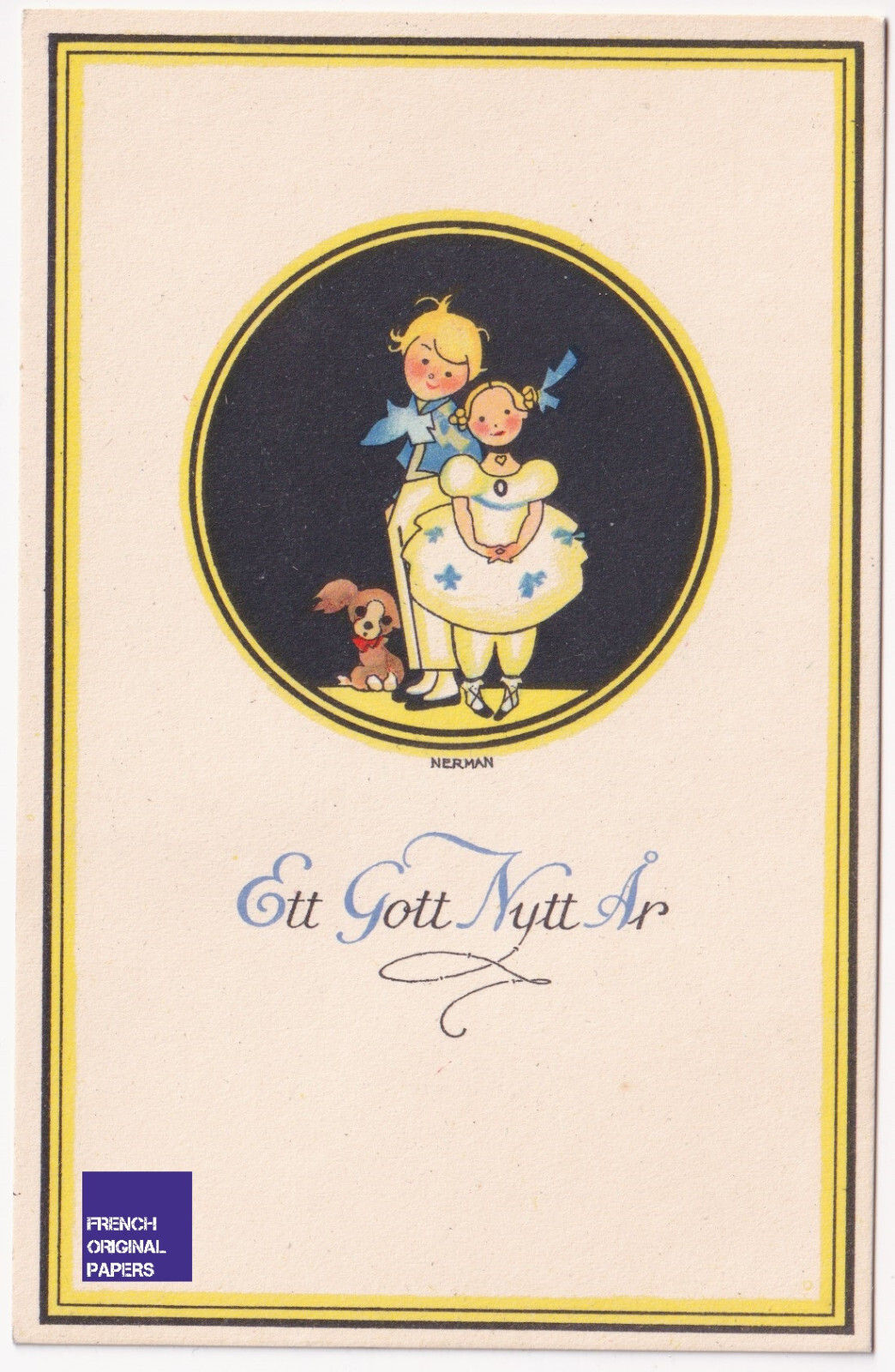 Einar Nerman CPA 1930 Suède enfant chien Bonne Année Art Deco vintage postcard