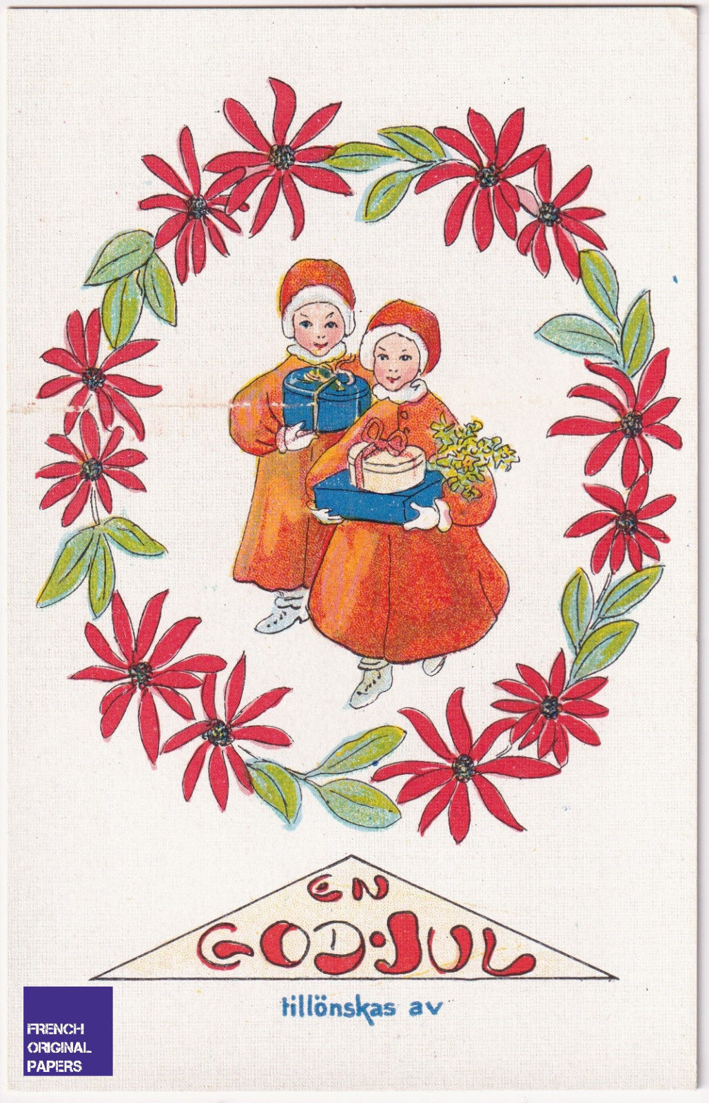 CPA Noël 1920 Art Deco Suède enfants fille fleurs - Christmas vintage postcard