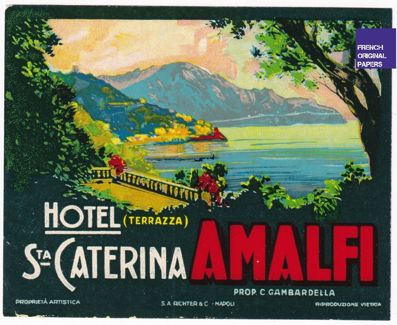 Hotel Santa Catarina Amalfi - Vintage Luggage Label 1940 Italie Italia étiquette