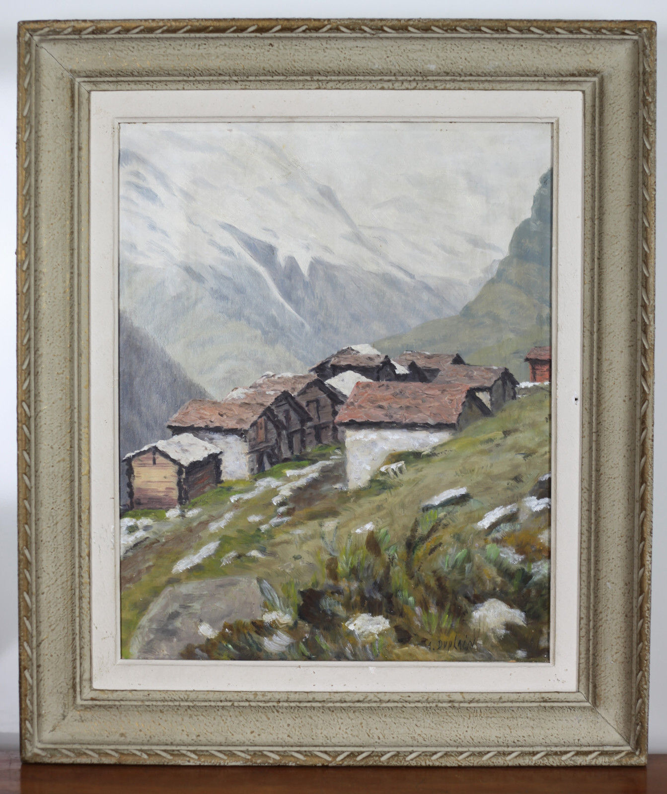 ALBERT DUPLAIN -Hameau de Findeln Zermatt Huile Isorel Tableau Peinture Mi-XXème