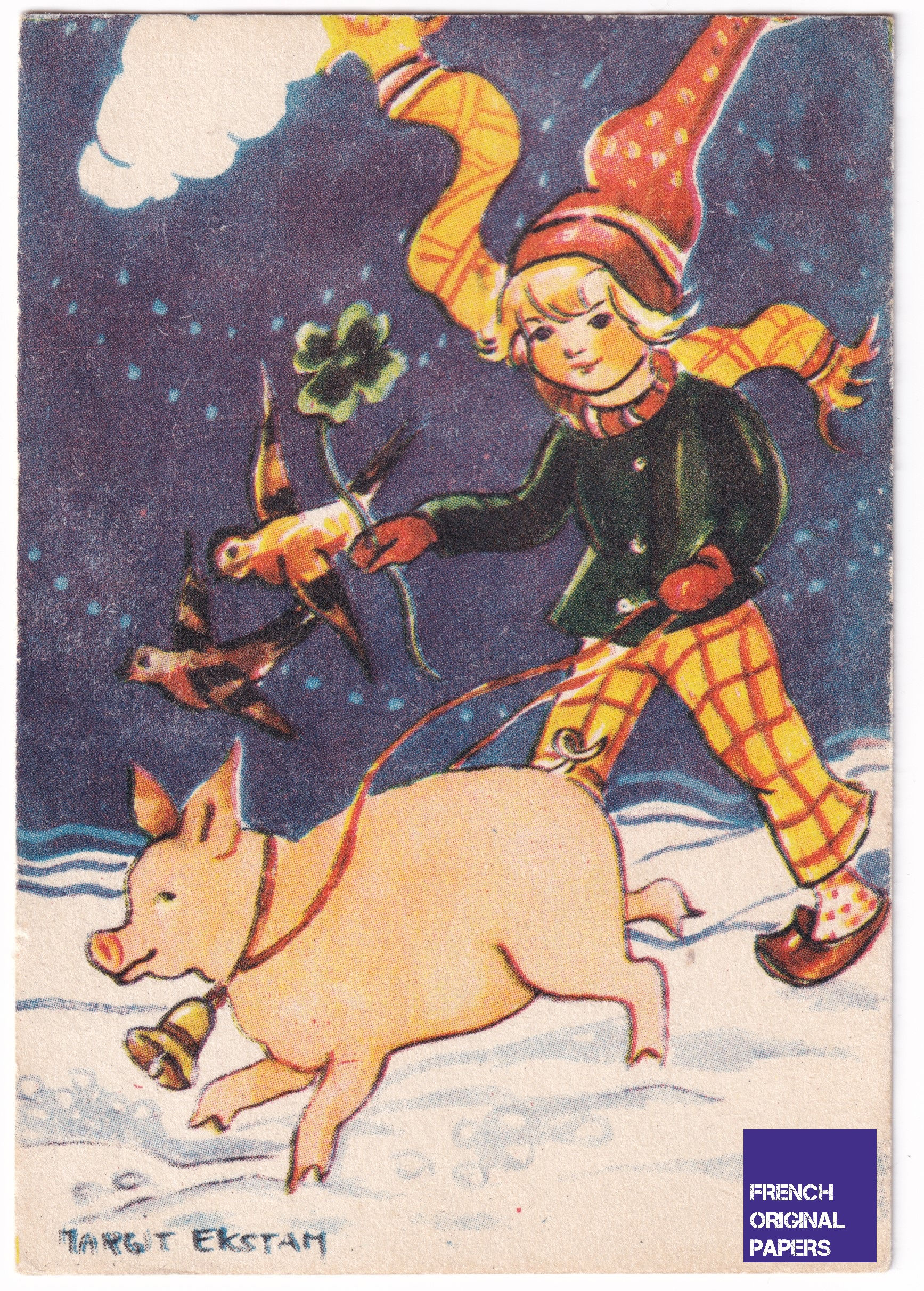 Margit Ekstam Merry Christmas 1953 Vintage small postcard girl pig on a leash