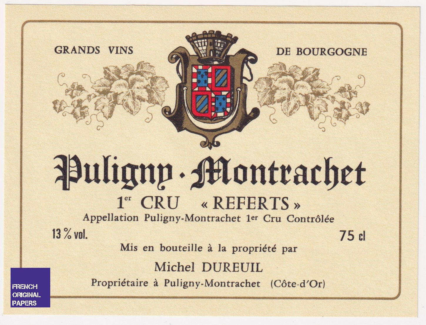 Etiquette Vin 1980s Puligny-Montrachet 1er Cru Referts Bourgogne Michel Dureuil