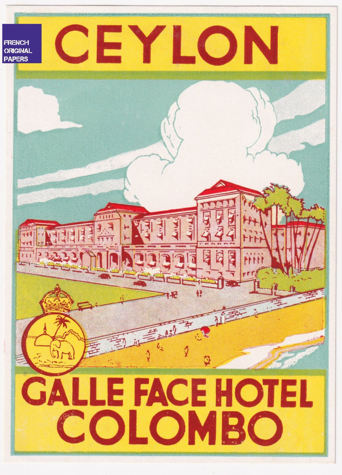 Galle Face Hotel Colombo Ceylon Vintage Luggage Label 1950 Ceylan Sri-Lanka old