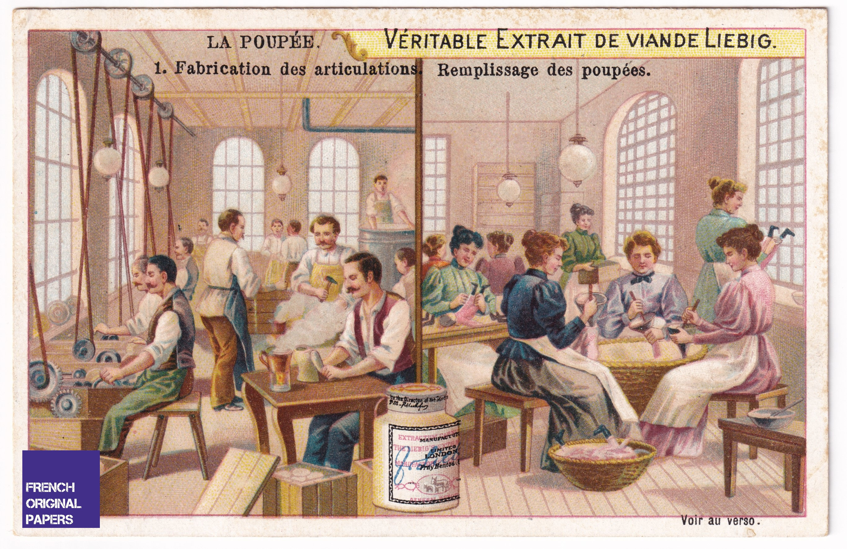 Liebig Victorian Trade card 1905 chromo Doll making head girl dress workshop
