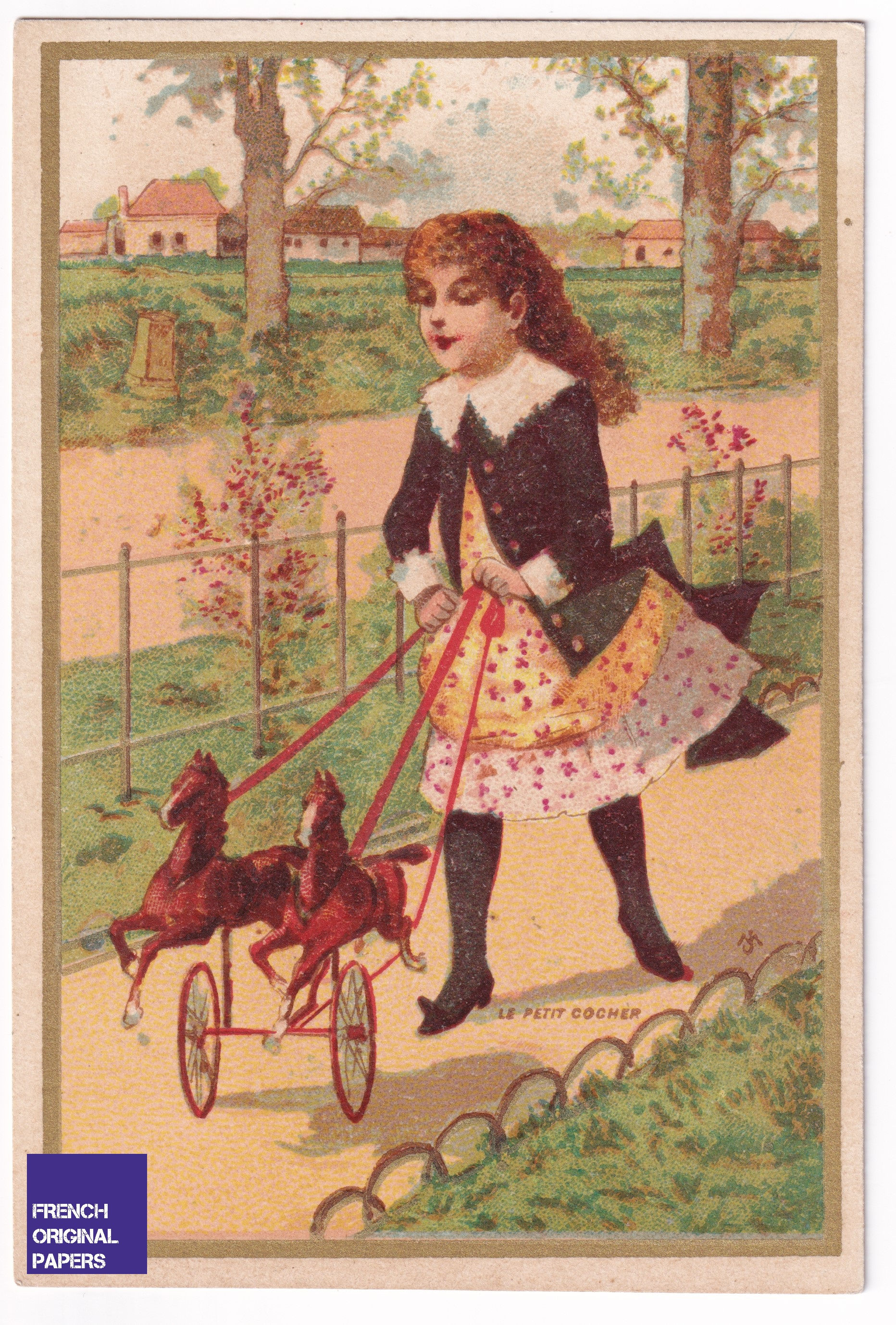 Le Petit Cocher Victorian Trade card 1900 edwardian girl dress vintage toy horse