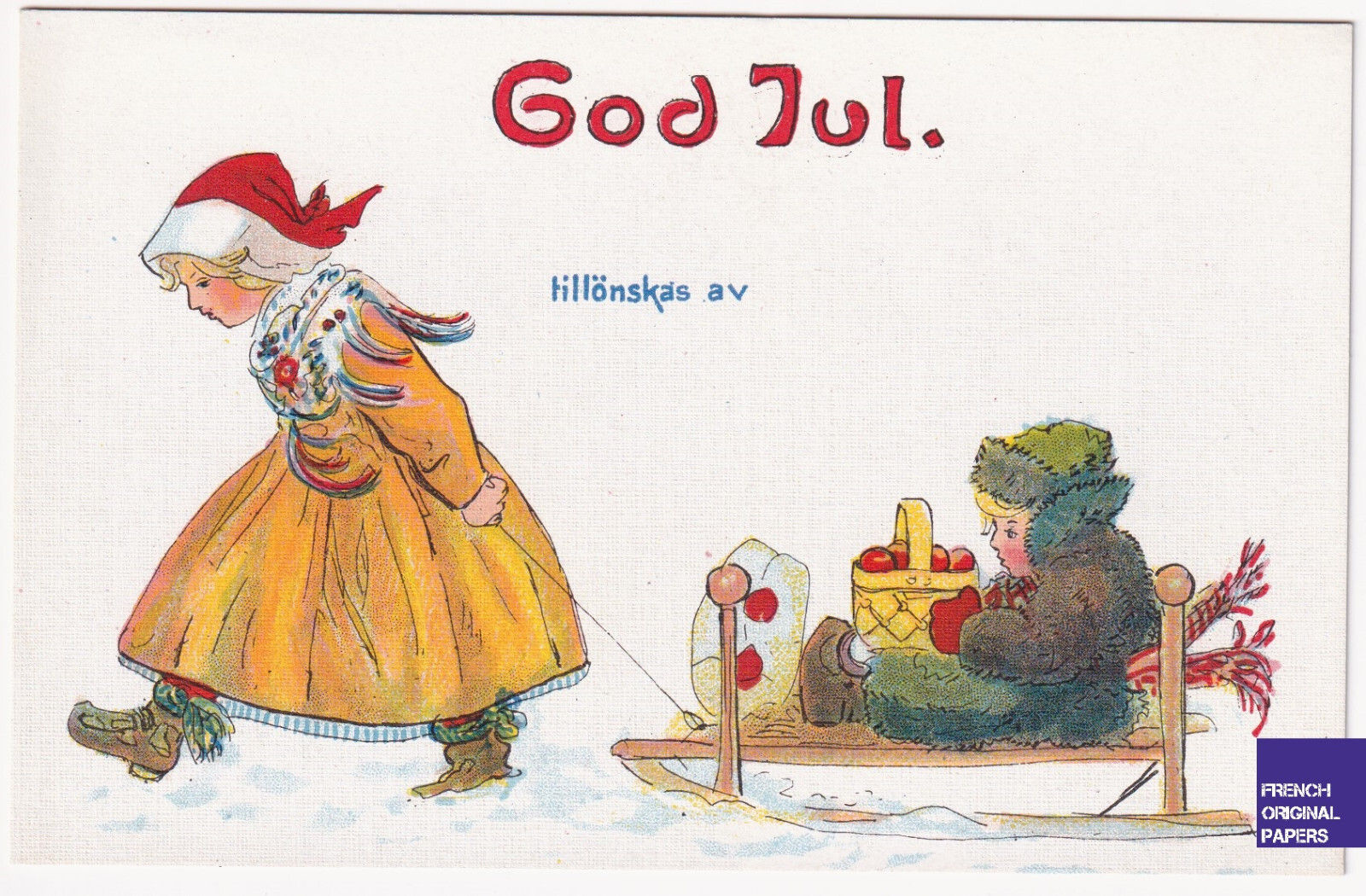 CPA Noël 1920 Art Deco enfant Suède enfants luge - Christmas vintage postcard