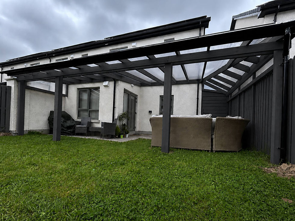 L-shaped pergola combining a rear garden pergola with a covered side passage in Dublin