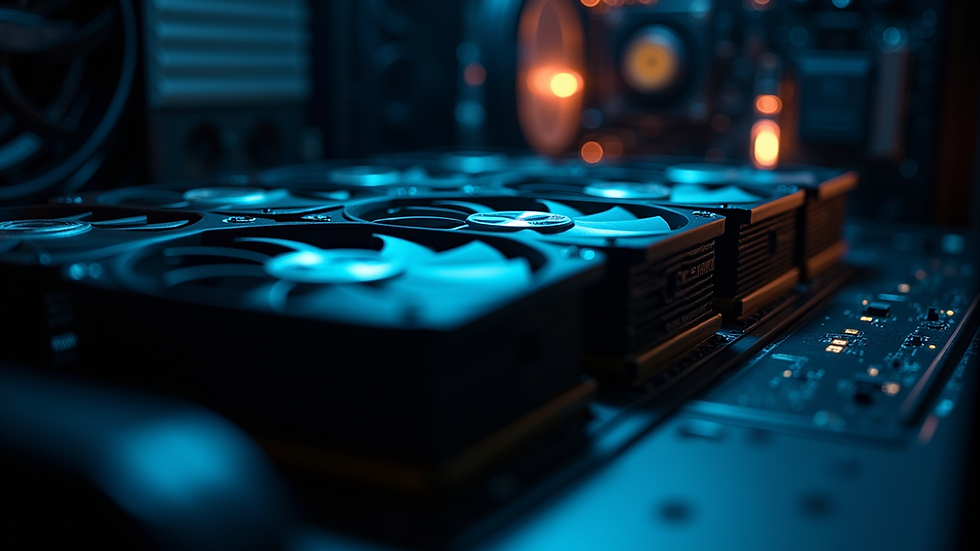 Close-up view of a mining rig with multiple GPUs