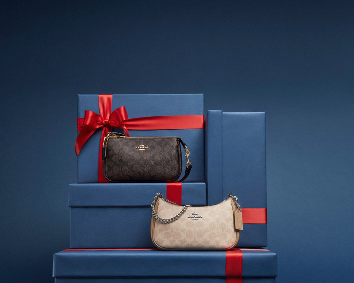 Nolita 19 in Signature Canvas in Walnut Brown and Teri Mini Crossbody in Signature Canvas in Sand Taupe displayed on blue gift boxes with red ribbon.