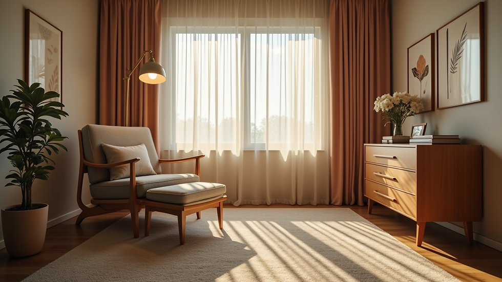 Eye-level view of a cozy coaching room with a comfortable chair and soft lighting