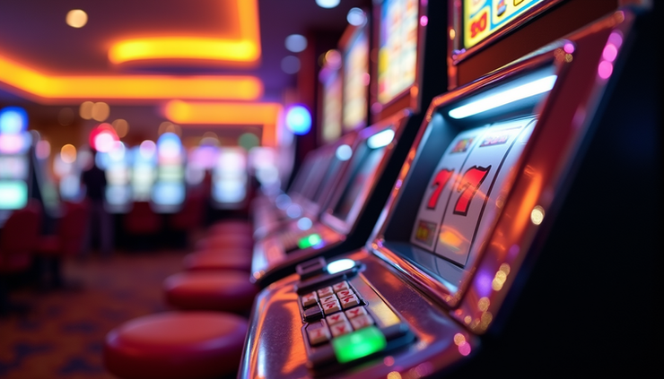 Eye-level view of a slot machine with flashing lights in a casino