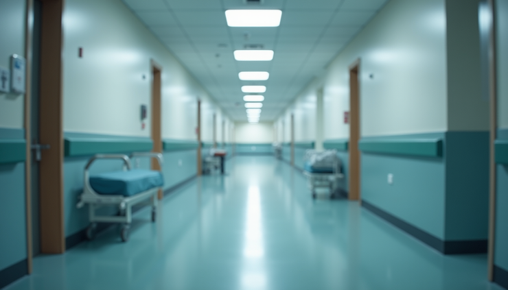 Eye-level view of a hospital corridor with empty patient rooms