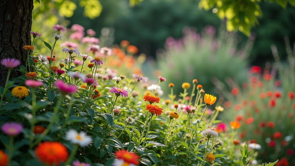 Close-up view of a vibrant community garden with blooming flowers