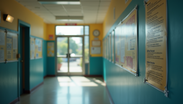 Eye-level view of a school entrance with a visible safety plan poster