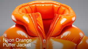 ネオンオレンジのダウンジャケットを販売するLPサイトのイメージ。灰色背景に商品名Neon Orange Puffer Jacketと価格¥27,540、先行販売の文字が表示。