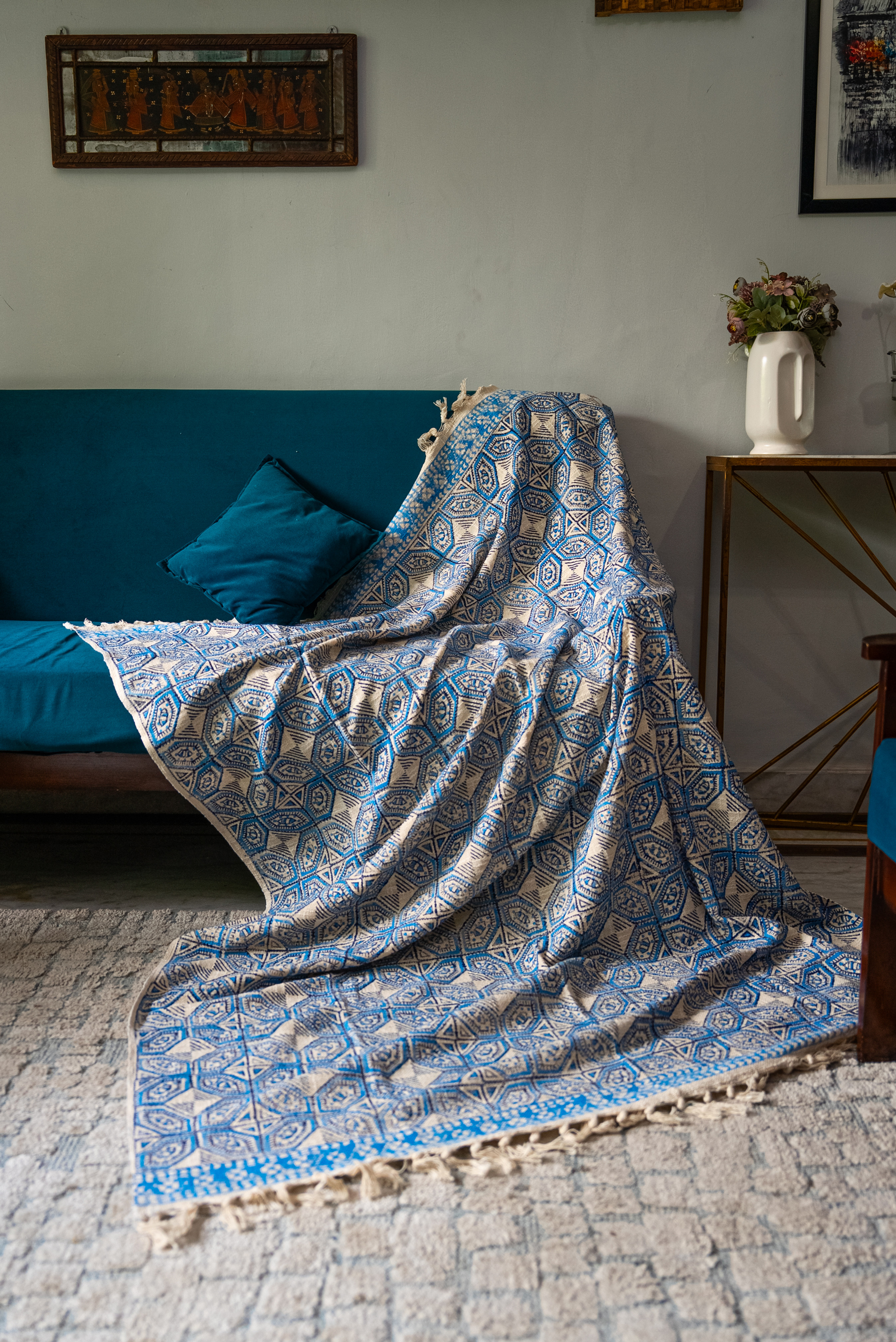 Blue Handmade Knitted Throw
