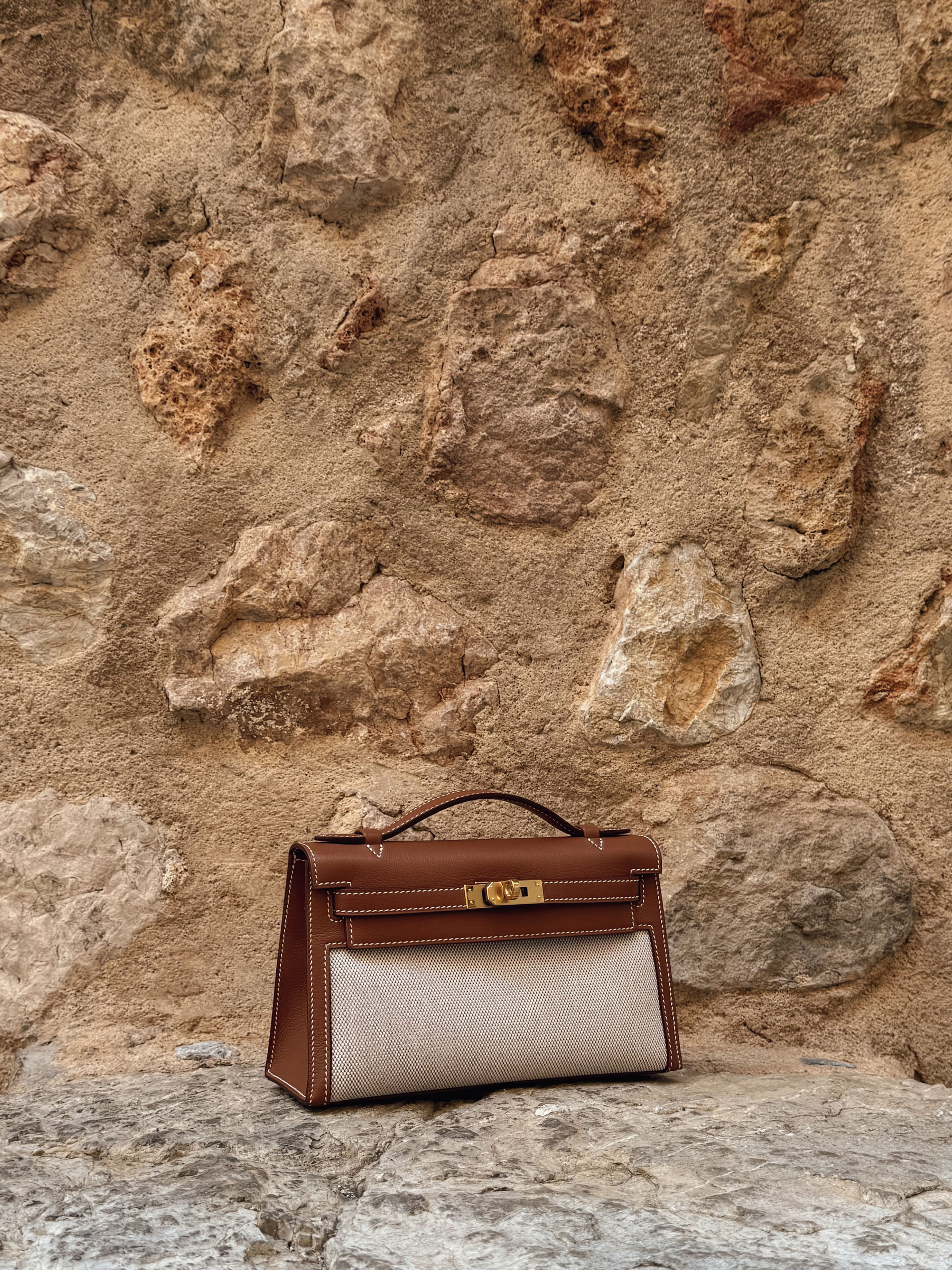 Tiffany Canvas & Leather Clutch | Tan & Ecru