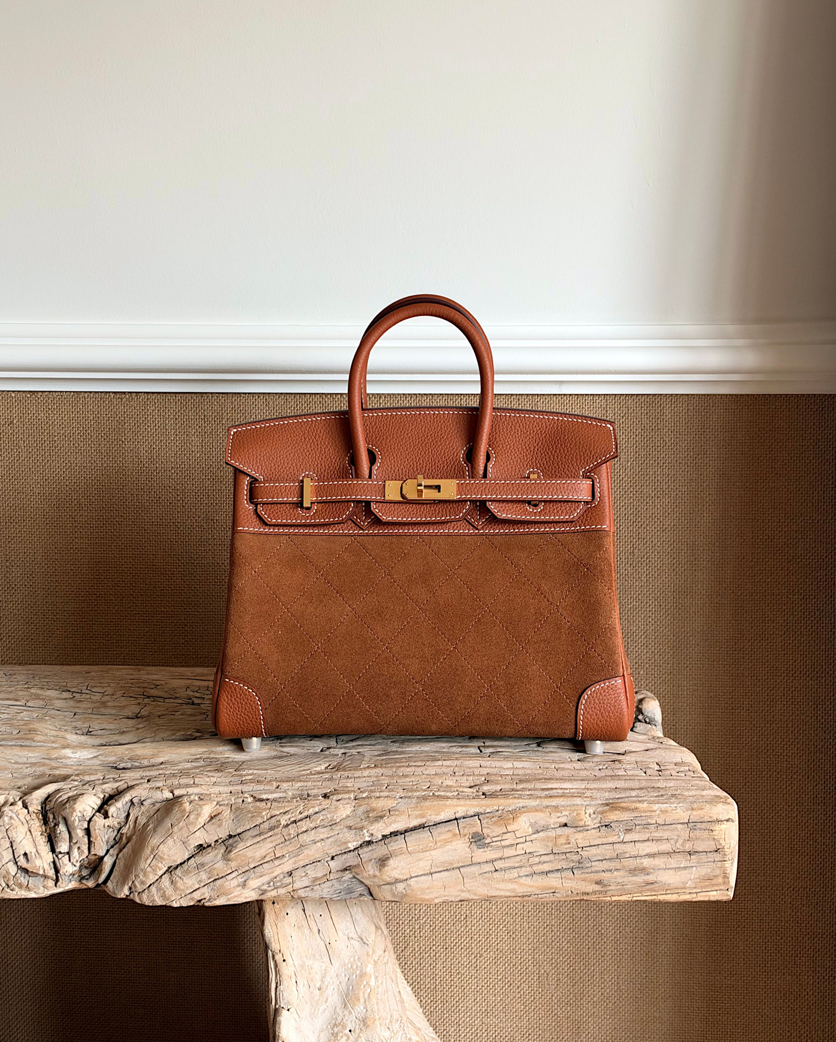 Tan suede and leather top-handle handbag by Studio by Charlotte