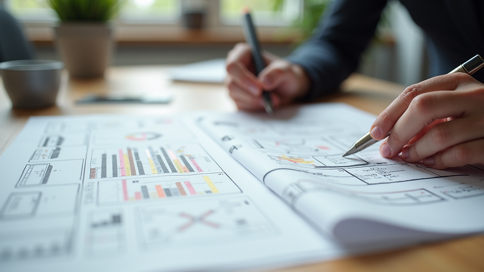 Close-up of a designer’s desk with sketches and wireframes for user experience planning