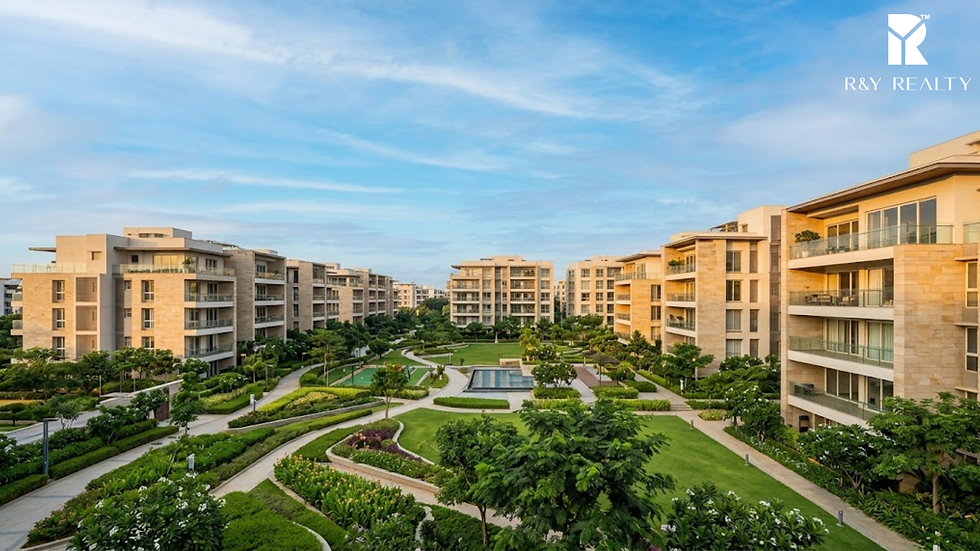 Modern apartments in Devanahalli with open green spaces and blue sky