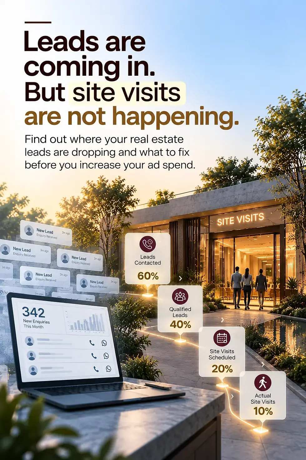 Infographic showing a laptop displaying real estate CRM leads next to an illuminated walkway leading to an experience centre, marking conversion drop-offs: 60% leads contacted, 40% qualified, 20% site visits scheduled, and 10% actual site visits.