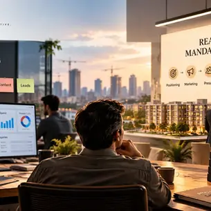 Office scene contrasting digital marketing campaign dashboards on a desk with a boardroom presentation detailing the end-to-end real estate mandate sales process, set against scale model buildings and a city skyline