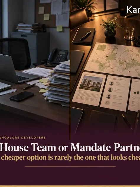 Split visual comparing an under-resourced developer sales desk with a data-led boardroom strategy table for real estate sales in Bangalore.