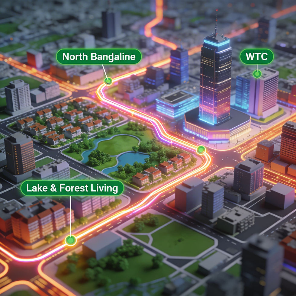 A modern apartment complex balcony view overlooking a serene lake and forest near Devanahalli, representing the best localities near Devanahalli for flats