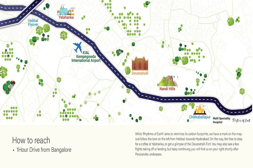 Map showing Rhythms of Earth Chikkaballapur location on NH44, 45 minutes from Bangalore airport near Isha Foundation